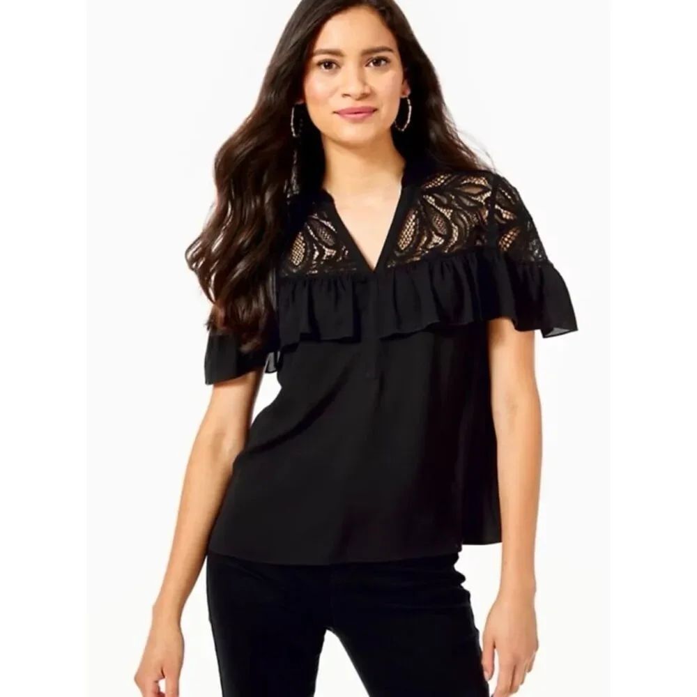 Lilly Pulitzer Black Lace Yoke Ruffle Blouse